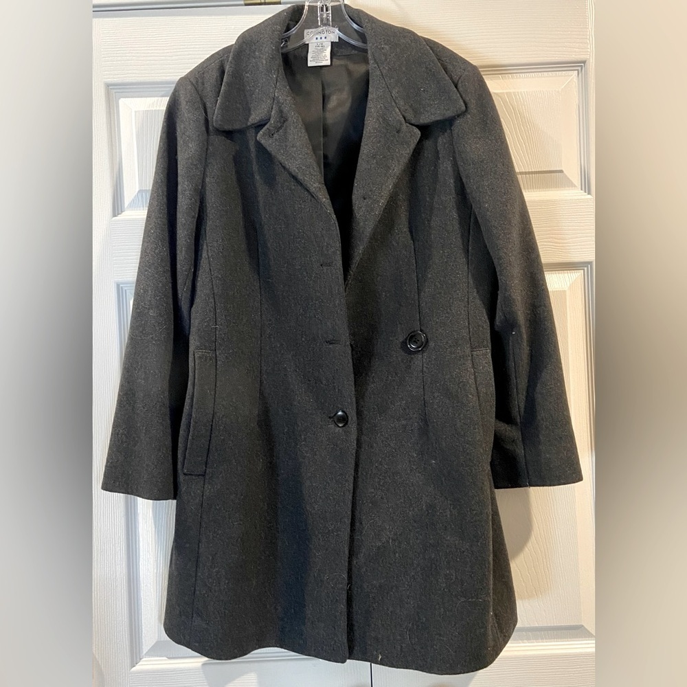 VINTAGE Coat Covington Women's Wool Charcoal Long Lined Button Sz L (14-16)